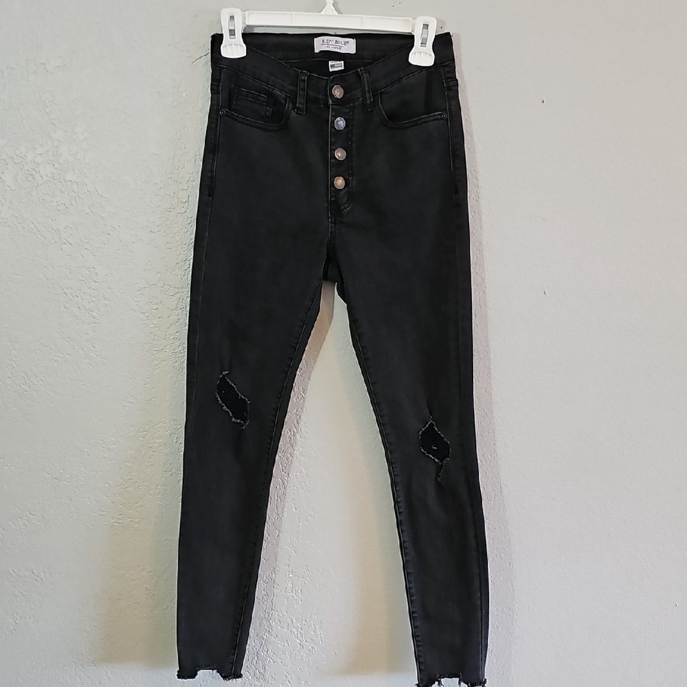 Judy Blue Black Button Fly Distressed High Rise Skinny Jeans Womens Size 5/27